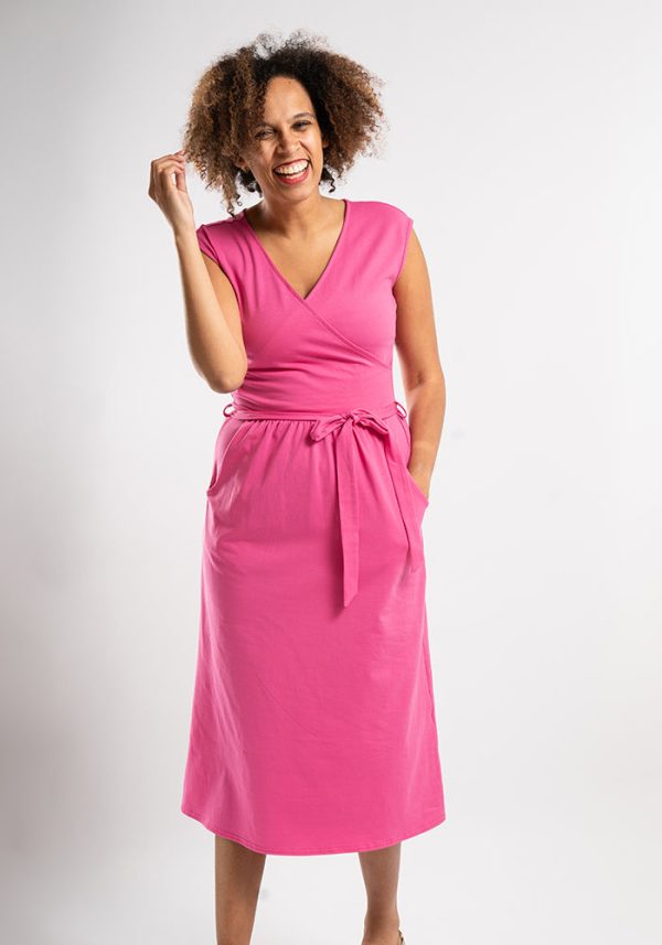 Shea Plain Rose Pink Cotton Midi Dress For Cheap