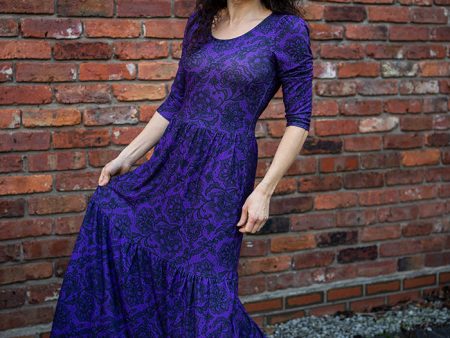 Poema Purple Lace Print Tiered Hem Midaxi Dress Online