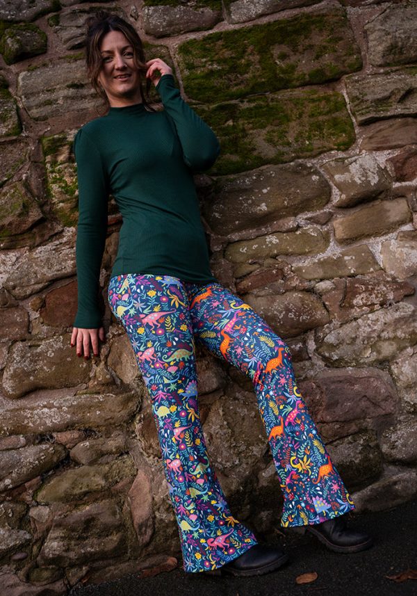 Tina Dinosaur Print Full Leg Flare Trousers For Sale