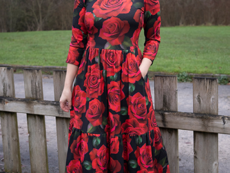 Rosalia Red Rose Print Midi Dress Discount