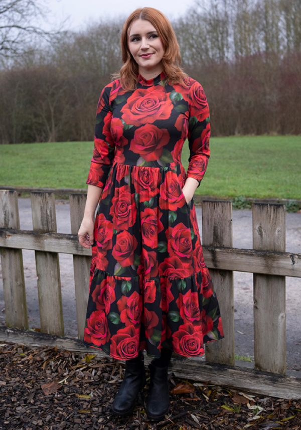 Rosalia Red Rose Print Midi Dress Discount