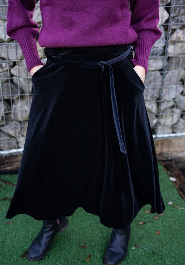 Izzy Black Velvet A-Line Midi Skirt Discount