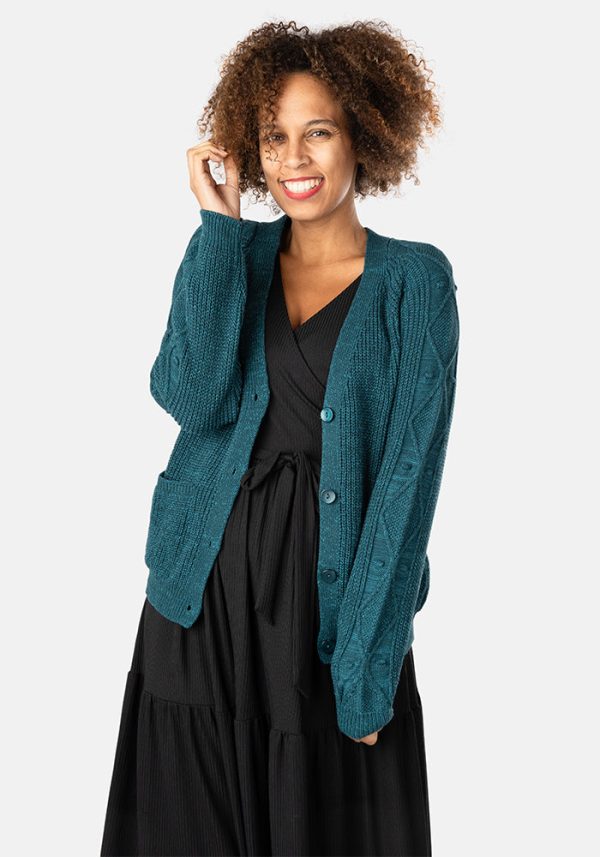 Teal Cable Sleeve Cardigan For Sale